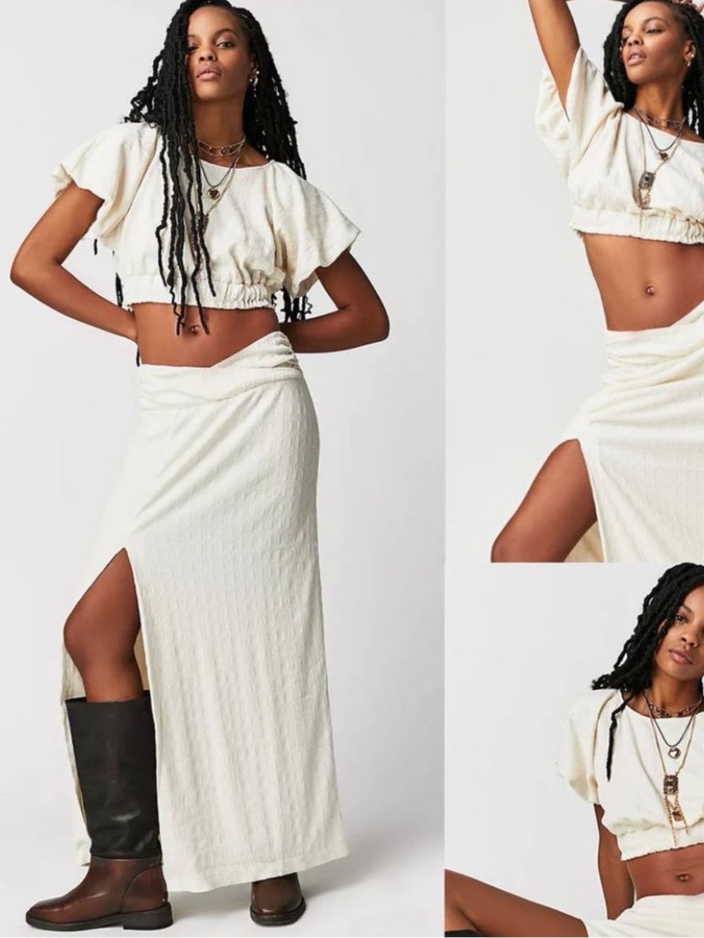 Free People Tovah Set XS Ivory Tofu Crop Top High Slit Maxi Skirt NWT $148